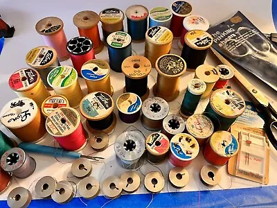 Mixed Lot Of Vintage Sewing 36 Threads Bobbins Scissors Buttons & More • $25