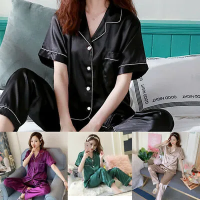 £2.59 • Buy Womens Satin Pyjamas Nightwear Set Ladies PJs Silk Short Sleeve Soft Sleepwear