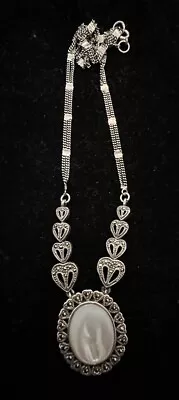 Designer Sterling Silver Art Deco Marcasite Mop Mother Of Pearl Heart Necklace • $24.99