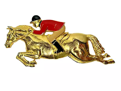 Vintage DOTTY SMITH Enameled Jockey & Horse Equestrian Buckle Red 6  Wide • $49.99