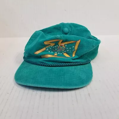 Vintage Green Corduroy Ski Resort Souvenir Adjustable Strapback Embroidered Hat • $41.95