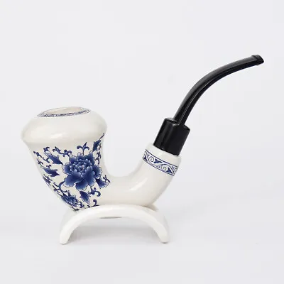 Ceramic Calabash Tobacco Pipe Bent Curved Stem Smoking Pipe With Pipe Rack Holde • £31.19