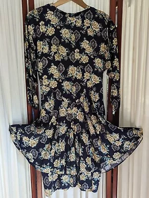 Visionz California 80’s Floral Dress With Long Ruffle Layered Navy Blue READ • $15