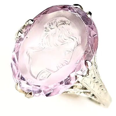 1920s Art Deco Era Amethyst Intaglio 18k White Gold Cocktail Ring Cameo Vintage • $389