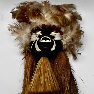 Vintage Amazon Tribal Face Mask Wall Handing Brazil Wood Feathers Painted • $29.99