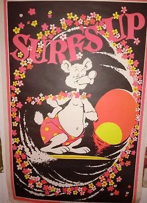 Original VINTAGE Poster SURFS UP BEAR~ Blacklight 1960's Pin Up Groovy Trippy • $79.99