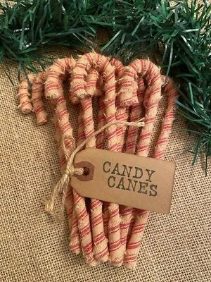 $5.50 • Buy 12 Primitive 6  STRIPED HOMESPUN Fabric Candy Canes Christmas Ornaments A8
