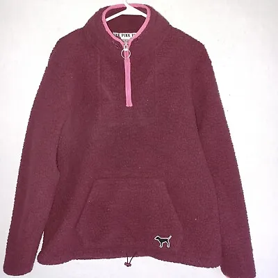 VICTORIA SECRET PINK Sweatshirt Pullover Half Zip M Fleece Logo Sherpa Burgundy • $19.99