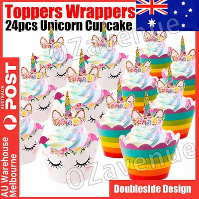 $7.95 • Buy 24/48 Rainbow Unicorn Horn Flower Cake Cupcake Toppers Wrappers Birthday Party
