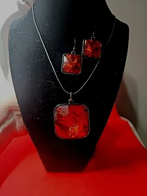 Glass Pendant Red And Black W Earrings Set Art Nevo Sparkle Stmt Piece READ  • £13.50