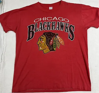 VINTAGE 1989 Chicago Blackhawks NHL Hockey T-Shirt Large Single Stitch • $27