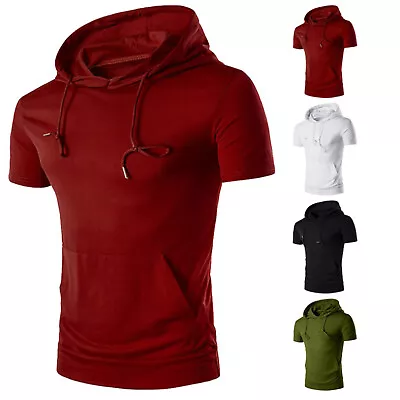 Men's Hooded T-Shirt With Pocket Short Sleeve Hoodie Running Shirt Tops Casual • £17.99