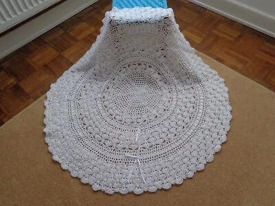 New White Baby Shawl Hand Made Crochet 38  Round Circular Baptism Christening • £22.99
