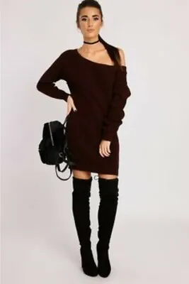 In The Style Lynda Wine Off Shoulder Knitted Jumper Dress Size S/m Nh001 Kk 16 • £27.99