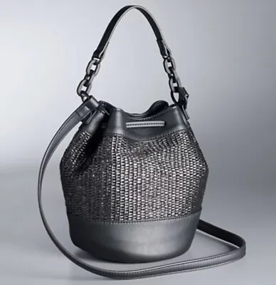 Vera Wang Bucket Bag W/Handle &Crossover Black Straw Bag Tote Simply Vera Purse • $38.49