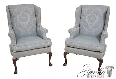 63829EC: Pair HICKORY CHAIR CO Blue Damask Wing Back Easy Chairs • $1795