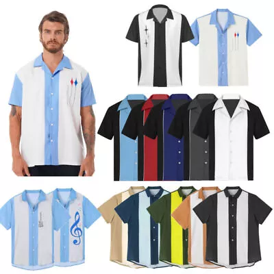 Men's Bowling Shirt Retro 50s 60s Rockabilly Shirt Two Tone Button-Down Tops • £10.76