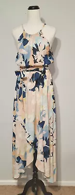 Witchery Peach & Blue Tropical Print Belted Blouson Maxi Dress Size 8 • $39