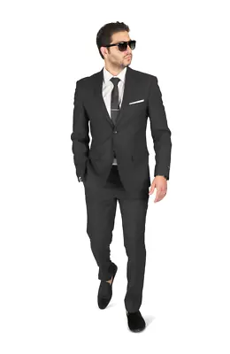 Slim Fit 2 Button Black Micro Texture Weave Mens Notch Lapel Suit 11812 AZARMAN • $119