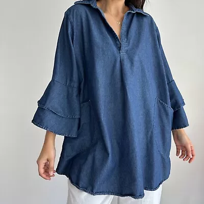 For Cynthia Lagenlook Tunic Top Women XL Denim Ruffle Sleeve Flowy Chambray • £43.36