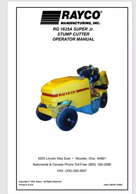 Rayco 1625A Stump Grinder Owner Manual Gloss Covers Comb Bound • $34.11