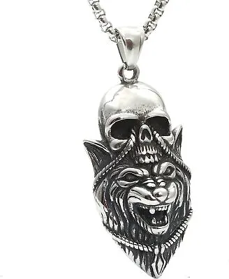 Men's Viking Tribal Wolf Head Skull Pendant Necklace Stainless Steel Box Chain • $13.28