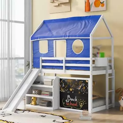 $598.99 • Buy Twin Over Twin House Bunk Bed With Blue Tent Slide Shelves And Blackboard