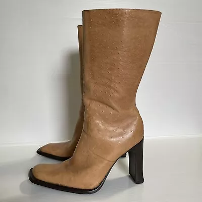 Vintage MIA Y2K Genuine Leather Square Toe Block Heel Western Boots Tan Sz 8.5M • $71.10