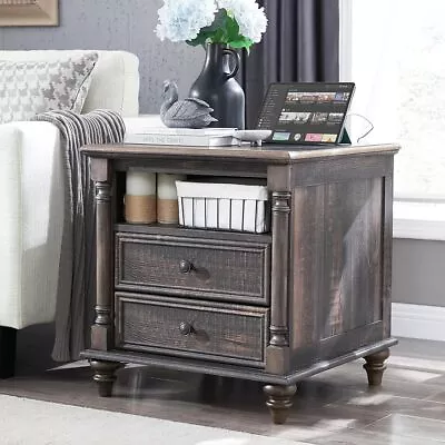 T4TREAM 24'' Farmhouse End Table W/4 Solid Wood Feet Large 2 Drawers Wide Sofa • $358.99