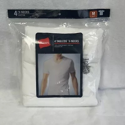 Hanes Men’s Medium White 4 Pack Tagless V-Neck Cotton Shirts New $34 MSRP • $10.97