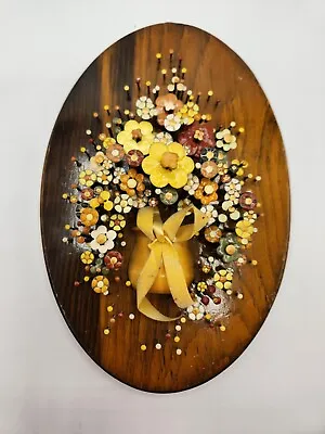 Vintage 1977 Pol-O-Craft Nail Art Pauline A. Owens Flower Basket Wood Art Yellow • $20