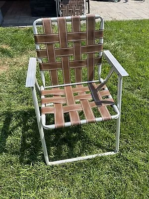 Vintage Lawn Chair Mid Century Aluminum Brown  Folding Chair Webbing VTG MCM • $55