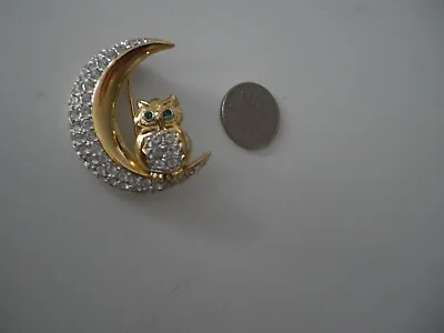 £15.95 • Buy Adrian Buckley Owl On A Crescent Moon Brooch Gold Tone With Pave Crystals