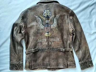 Ralph Lauren Leather Jacket. New Rare Eagle Print Military RRL Moto. Size: Sm • $655