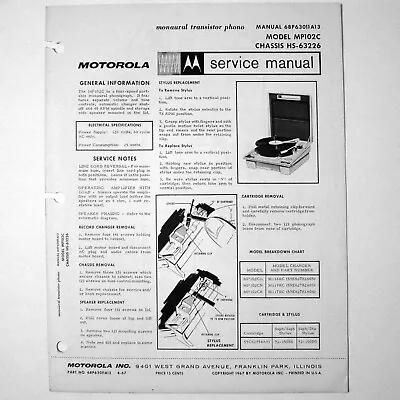 Motorola ® Model MP102C Portable Record Player Changer Service Manual © 1967 • $4.70