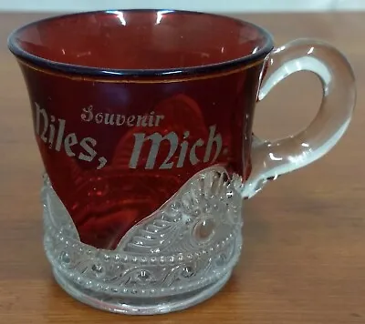 EAPG Souvenir NILES MI Michigan Ruby Stained Lacy Medallion Pattern Glass MUG • $25.78