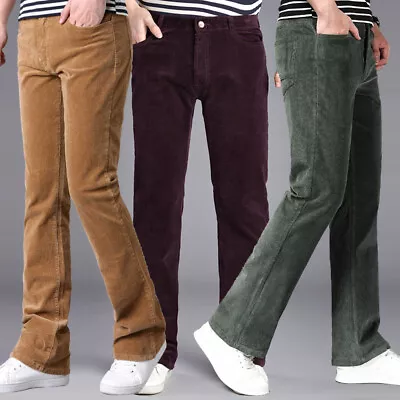 Mens 60s 70s Corduroy Bell Bottom Flared Pants Bootcut Trousers Slim Stretch • $40.29
