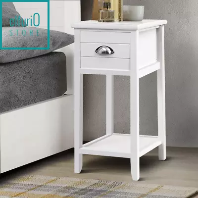 New White Bedside Table With Drawer & Shelf Narrow Nightstand Storage Unit 63cm  • $49.83
