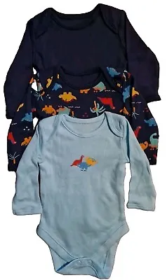 3 Baby Long Sleeve Bodysuits 0-3 Months Dinosaur And Plain (WB00053) • £3.99