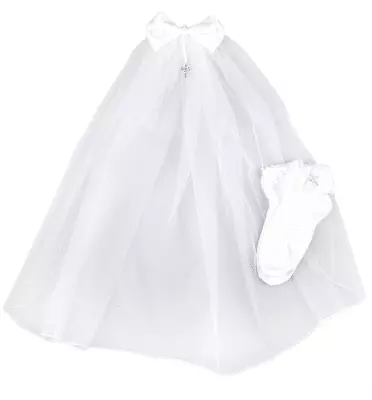 £15.99 • Buy Girl's White First Holy Communion Veil & Matching Socks Gift,Rhinestone Cross