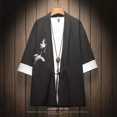 Streetwear Kimono Shirt Men Chinese Embroiderd 3/4 Sleeve Collarless Shirts • $41.65