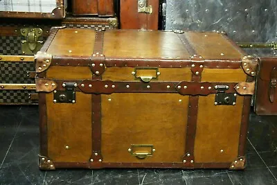 Vintage Tan Leather Coffee Table Chest Trunk With Antique Leather Trim Handmade • $832.19