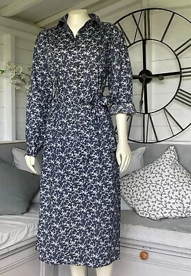 Vintage Liberty Tana Lawn Cotton Navy & White Floral Print 1990's Shirt Dress 16 • $143.06