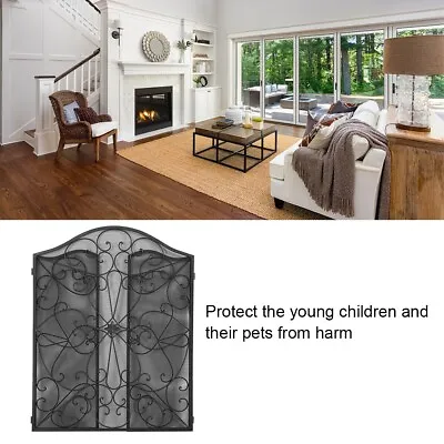 Retro Fireplace Screen 3 Panel Wrought Iron Frame With Metal Mesh Spark Guard US • $63.96