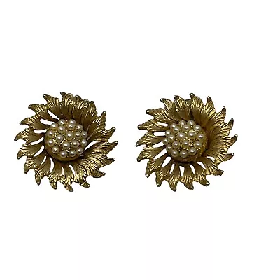 Vintage HAR Clip On Earrings Sunflower Faux Miniature Pearl Center Gold Tone • $24.99