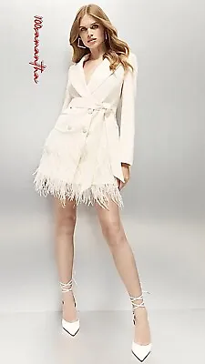 NEW Karen Millen UK 12 TUXEDO FEATHER HEM BELTED COAT DRESS IVORY £299 • £179.99