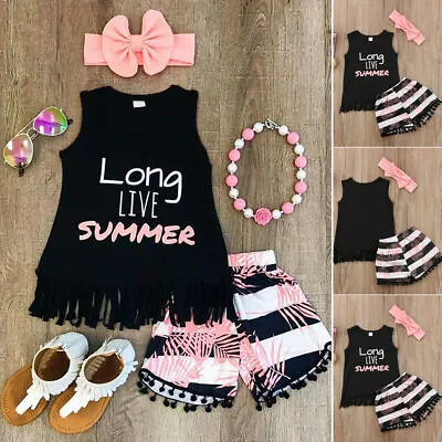 Girls Crew Neck Tassel Tank Top Elastic Waist Shorts Bow Headband Set Clothes • £11.79