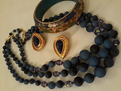 Vintage Champleve Cloisonne Bangle Blue Bead Necklace Japan Avon Earrings #4-16K • $25
