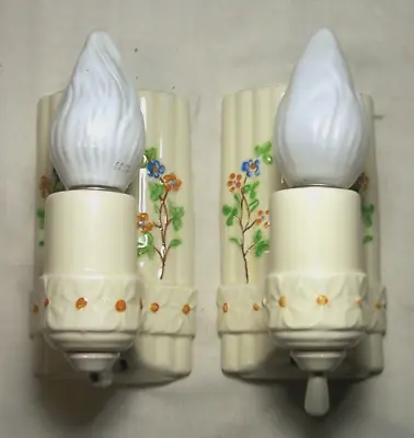 Antique Porcelain Sconce Pair Vtg Light Fixture Art Cabin Wall Rewired USA #B43 • $229.99