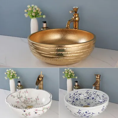 Round Bathroom Ceramic Basin Bowl Vessel Sinks +Waterfall Mixer Faucet Drain Tap • £178.59